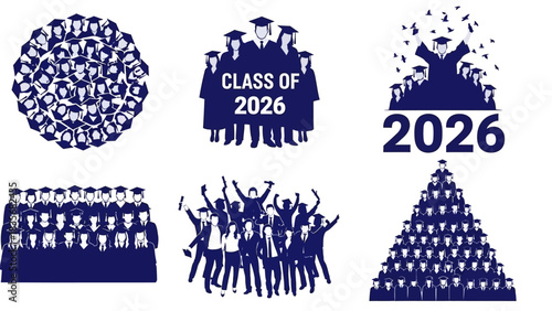 Graduation 2026 icon set featuring silhouettes of students, graduates, and celebratory academic event designs for the future