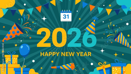 Cheerful Happy New Year 2026 banner featuring party poppers, gift boxes, balloons, and a calendar icon on a festive blue background
