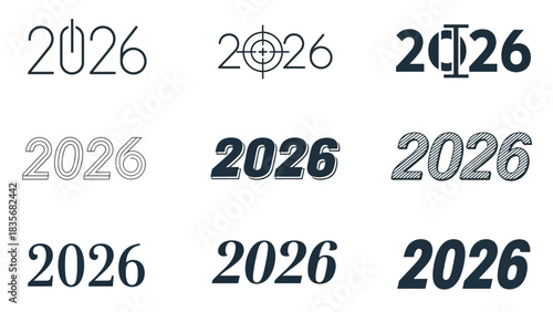 A versatile collection of 2026 number typography designs. Vector icons for New Year celebrations, business goals, and technology themes