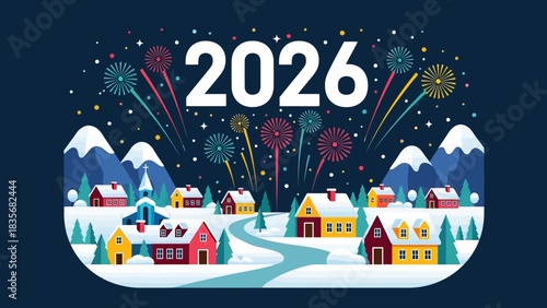 New Year 2026 celebration concept with festive fireworks display over a snowy winter village landscape at night vector illustration
