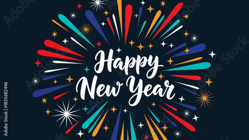 Vibrant Happy New Year 2026 lettering with a colorful starburst explosion. Festive holiday celebration vector graphic design
