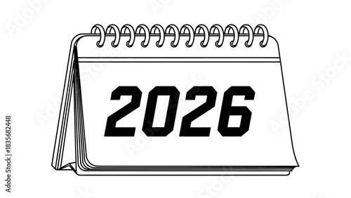 Vector illustration of a 2026 spiral desk calendar. Outline symbol for the new year, schedule, date, and time management