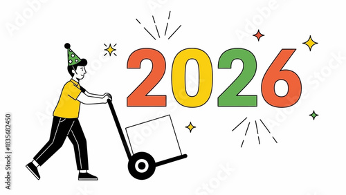 A person in a party hat pushing a hand truck with a box towards the year 2026, symbolizing moving into the new year with celebration and a fresh start
