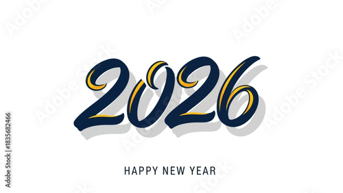 Stylish 2026 Happy New Year lettering. Elegant blue and gold script typography for holiday greeting cards, banners, and posters