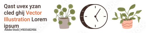 Time management, home decor, sustainability, natural aesthetics, modern lifestyle, productivity. A wall clock with two potted plants. Time management and home decor concept