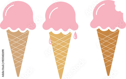 Cute strawberry ice cream cones vector set summer dessert illustrations