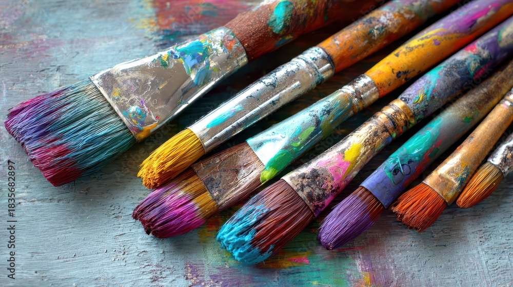 Fototapeta premium Vibrant Artistic Chaos: An Artist's Brushstrokes in a Colorful Studio Setting