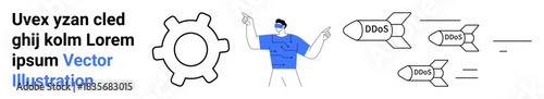 Cybersecurity, network defense, DDoS attacks, online safety, data protection, malware. Image shows a person pointing at missiles marked DDoS with a gear symbol. Cybersecurity and network defense