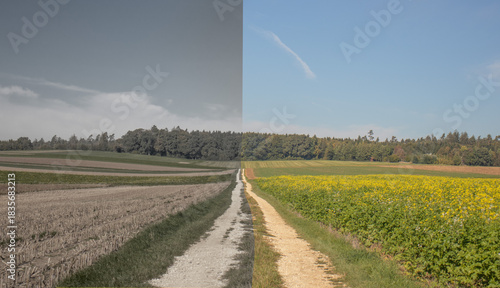 hunger and prosperity, Contrasting, farmland  failed harvest on the left and abundant crops on the right