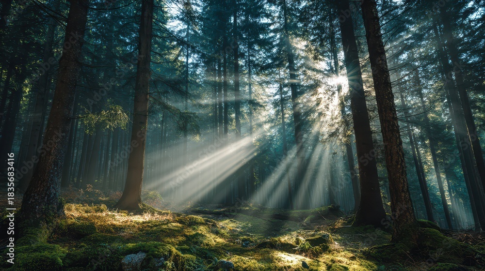 Obraz premium Tranquil Forest Scene: Sunbeams Filtering Through Lush Trees Creating a Serene Landscape