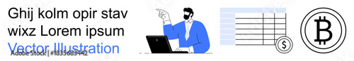 Cryptocurrency, fintech, digital payment, blockchain technology, online banking, financial data. A man gestures at a laptop and a Bitcoin symbol near a chart. Cryptocurrency and fintech