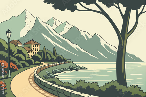 Montreux, Switzerland, lies on Lake Geneva with alpine peaks rising behind its elegant promenade.