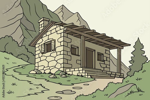 Mountain hut illustration built from stacked stone with wooden roof beams in traditional areas.
