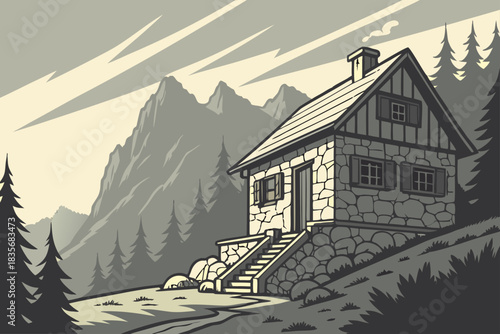 Mountain watch hut illustration built from stone and timber overlooking valley in traditional areas.