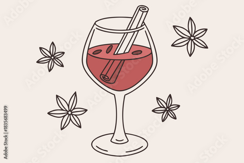 Mulled wine glass with cinnamon modern flat illustration style