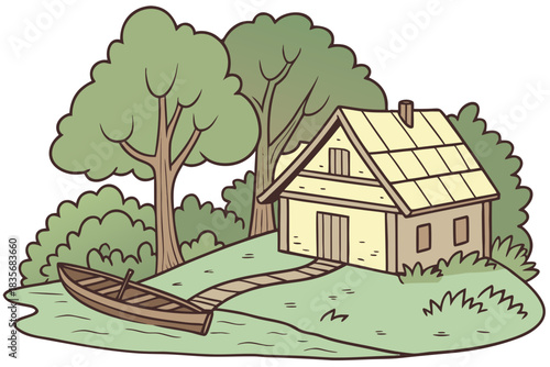Lakeside hut illustration built with thatched roof and canoe dock nearby in traditional areas.