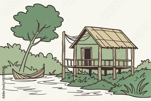 Lakeshore hut illustration built on posts with fishing nets drying nearby in traditional areas.
