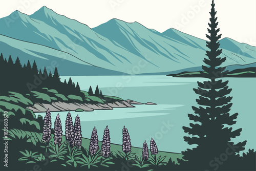 Lake Tekapo, New Zealand, features turquoise waters beneath alpine ridges.