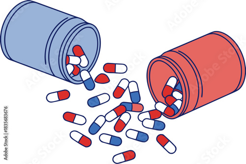 Large capsules spilling from tipped-over pill bottles