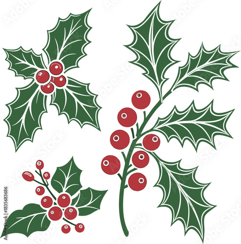 Holly berry icons set, Chritmas logo wirh holly berries - set vector