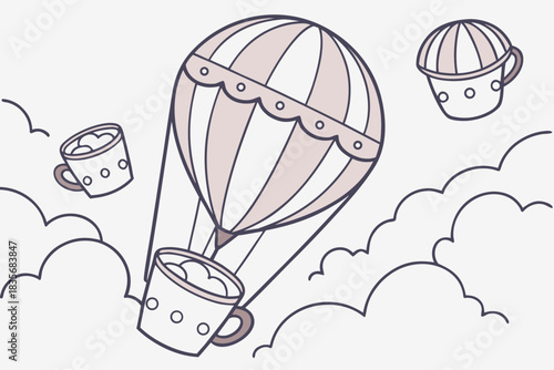 Hot cocoa mugs floating like balloons with marshmallow clouds.