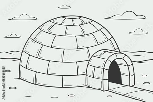 Ice block hut illustration built in rounded dome form on frozen plain in traditional areas.