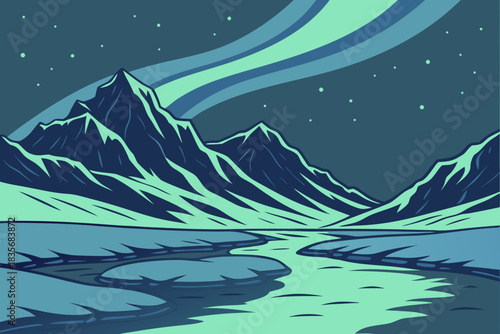 Icelandic glaciers reflecting holographic Christmas constellations in the night sky