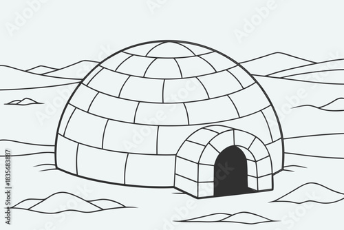 Igloo illustration built from snow blocks in snowy tundra landscape in traditional areas.