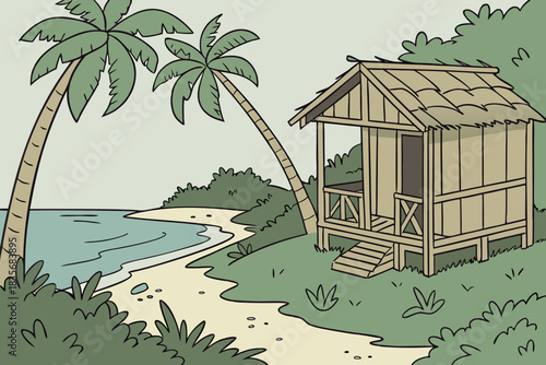 Island hut illustration built with bamboo frame near ocean reef in traditional areas.