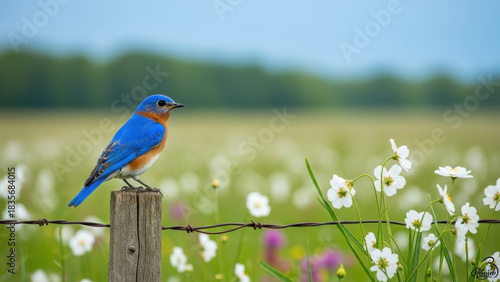 “Bluebird Perched on Wooden Fence Post in a Meadow”