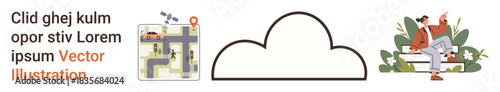 Connectivity, navigation, cloud computing, remote work, technology, urban planning. Minimalist cloud shape with an abstract map and a businessman sitting. Connectivity and navigation concept