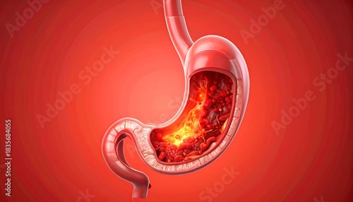 Gastric inflammation visualized: stomach lining showing redness and irritation