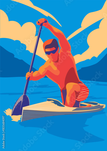 A male athlete is kayaking on a river. Vector illustration. Banner, poster, postcard.