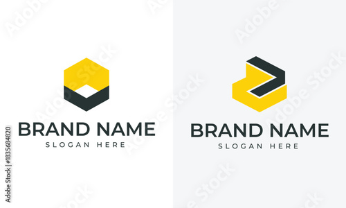 Free Download Two abstract geometric logos in yellow and dark gray on white background hexagon symbol - GFXLoad