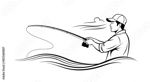 Fisherman Casting Line in Water Focused and Determined Black and White Illustration.