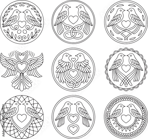 Love Bird Mandala Icons with Heart Motifs for Folk Art, Decorative Design, and Crafts