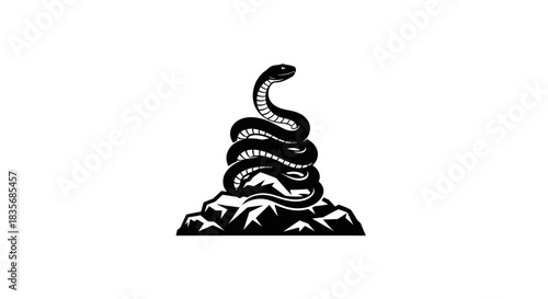 Black cobra snake coiled majestically on a mountain peak.
