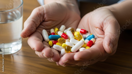 “Hands Holding a Large Assortment of Pills Next to a Glass of Water”