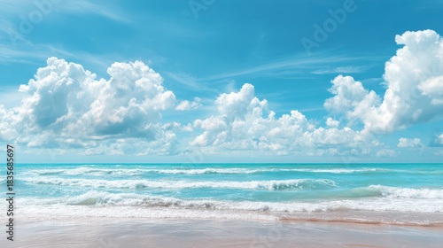 Serene Tropical Beachscape Under Bright Blue Sky with Fluffy Clouds - Inviting Summer Vibes for Vacations and Adventures