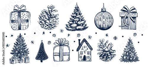 Christmas and New Year blue on white set, Hand drawn illustration.	
