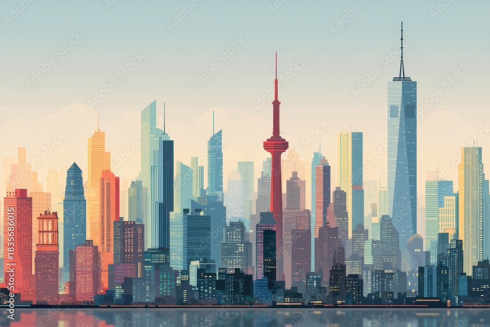 Fototapeta premium Stylized Cityscape Art Featuring Iconic Landmarks of New York City in Vibrant Colors