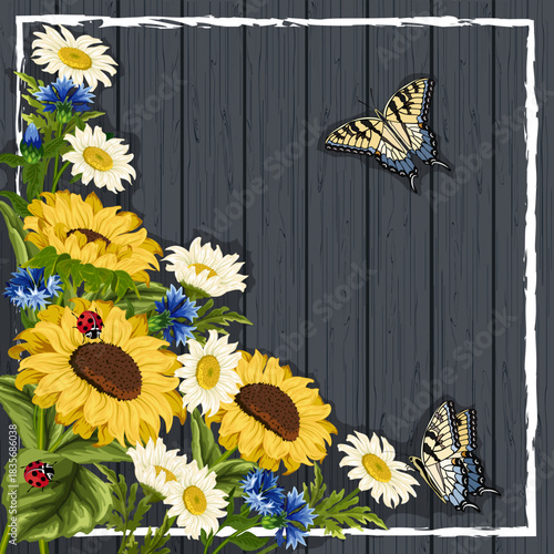 Wooden background with bright flowers and insects in a frame.Sunflowers, daisies, cornflowers and butterflies on a wooden background in color vector illustration.