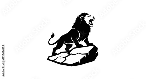 Majestic lion roars atop rocky terrain a symbol of strength and power.