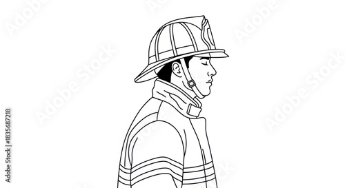 Brave Firefighter in Profile Line Art Illustration.
