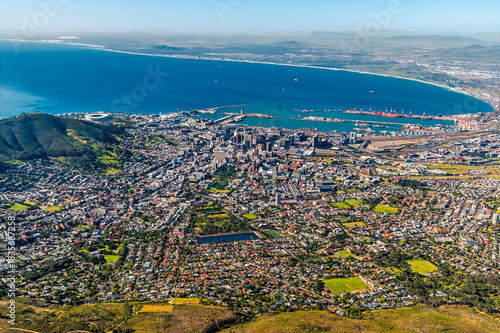 A view down towards Cape town from the summit of Table mountain, South Africa in springtime
