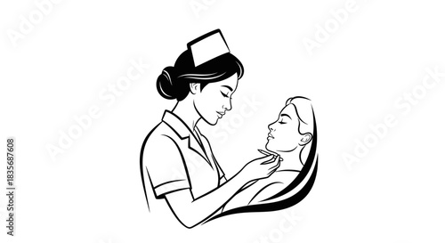 Nurse Examining Patients Throat in a Medical Setting Illustration.