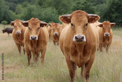 Limousin Bullocks Grazing in a Lush Green Pasture, Capturing the Essence of French Cattle Farming