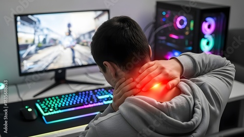 Person with neck pain from prolonged computer use or gaming, highlighting discomfort and poor posture at a desk.
