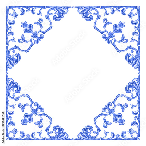 Vector decorative circular pattern blue and white design with frame or border. Baroque Vector mosaic. Traced watercolor.