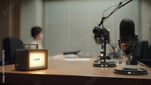 Podcast recording studio with microphones and live sign on table